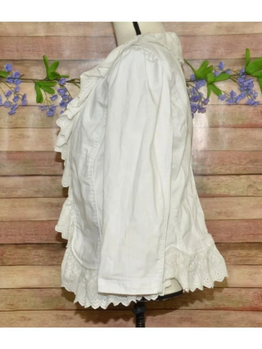 Ralph Lauren Jeans Co White Denim Ruffle Eyelet Lace Jacket Blazer Size 12 Boho - Picture 7 of 12